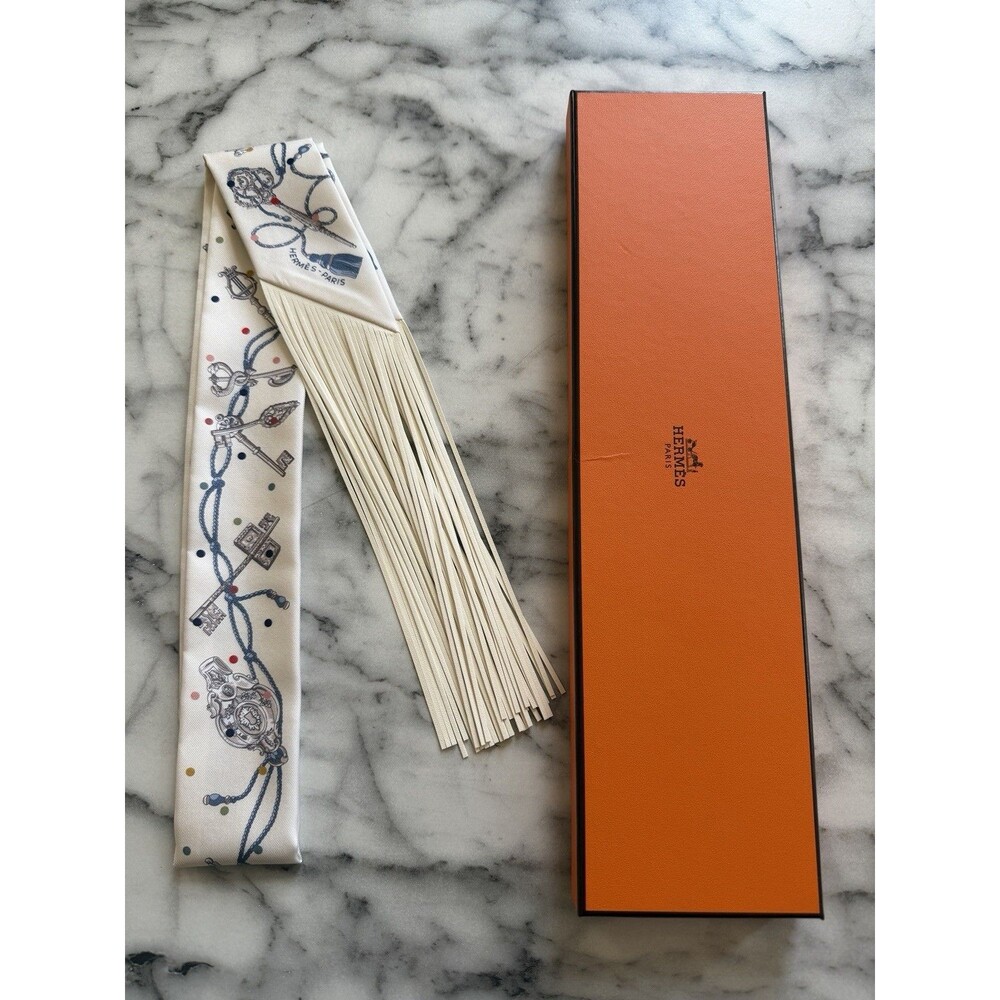 BNIB Hermes Les Cles a Pois White Leather Fringes Handbag Bag Scarf Twilly - Picture 5 of 6